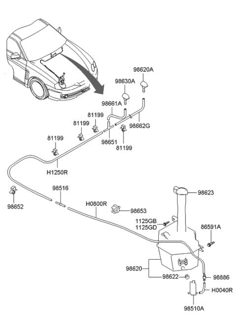 2001 Hyundai Tiburon Front Windshield Washer Sprayer Nozzle Assembly Diagram for 98630-2C500