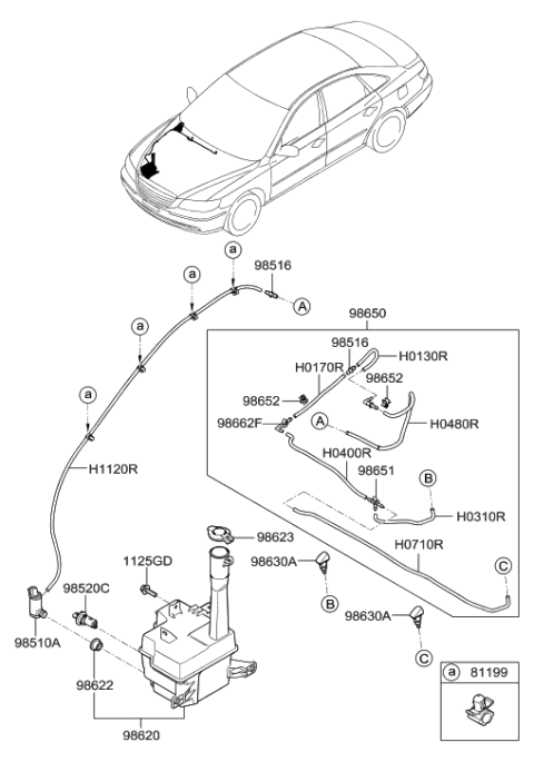 2006 Hyundai Azera Front Windshield Washer Sprayer Nozzle Assembly Diagram for 98630-3L000-B7