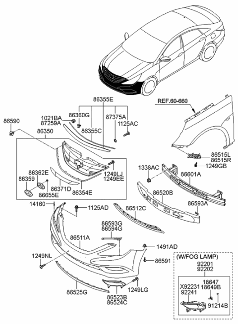 2014 Hyundai Sonata Front Driver Side Fog Light Assembly Diagram for 92201-3Q000