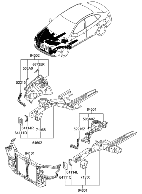 2010 Hyundai Elantra Fender Apron & Radiator Support Panel Diagram