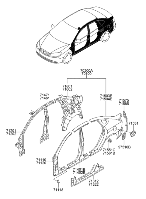 2008 Hyundai Elantra Panel Assembly-Pillar Outer,RH Diagram for 71120-2HA20