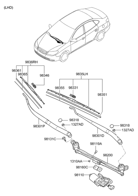 2010 Hyundai Elantra Wiper Blade Assembly,Driver Diagram for 98350-2H000