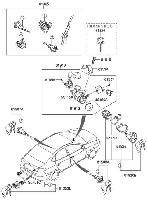 2009 Hyundai Elantra Key & Cylinder Set Diagram