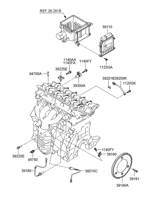2008 Hyundai Elantra Engine Control Module Unit Diagram for 39150-23024