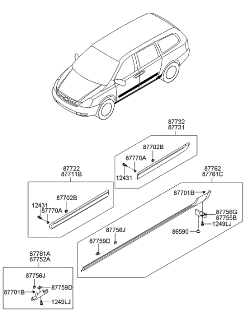 2006 Hyundai Entourage Clip-Waist Line Moulding Mounting Diagram for 87758-2K000