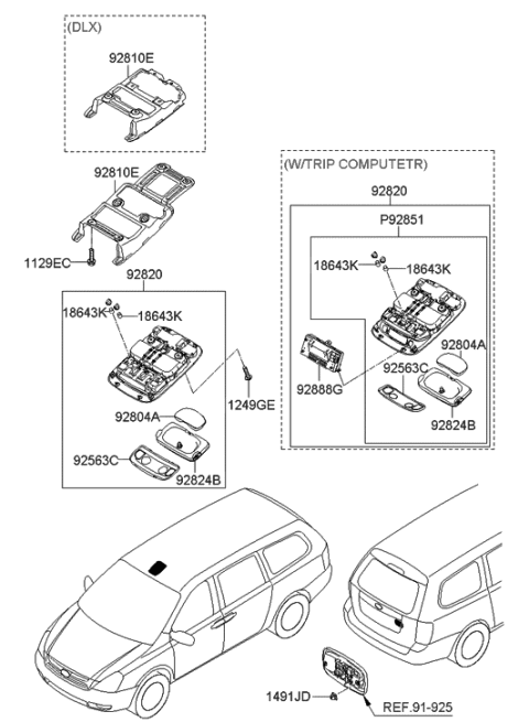 2007 Hyundai Entourage Overhead Console Lamp Assembly Diagram for 92810-4D000-QW