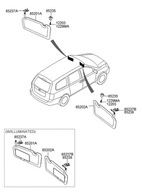 2007 Hyundai Entourage Sun Visor Assembly, Right Diagram for 85220-4D163-TW