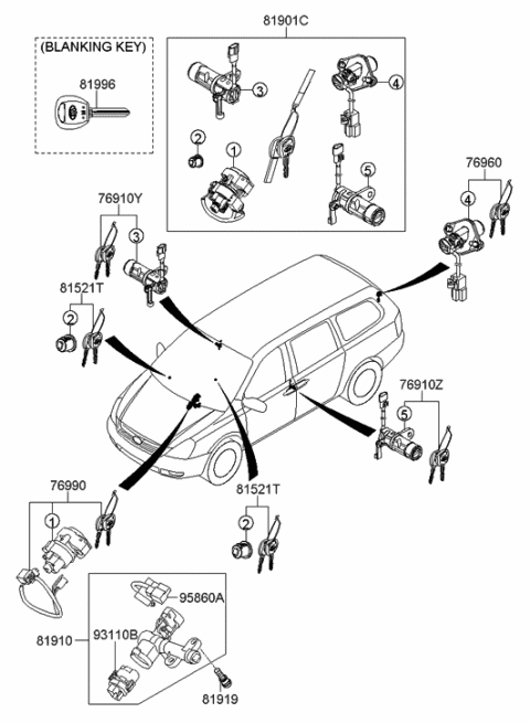 2006 Hyundai Entourage Key & Cylinder Set Diagram