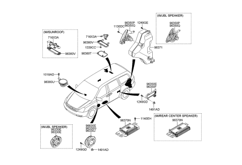 2007 Hyundai Entourage Rear Side Speaker Assembly. Right Diagram for 96350-4D700