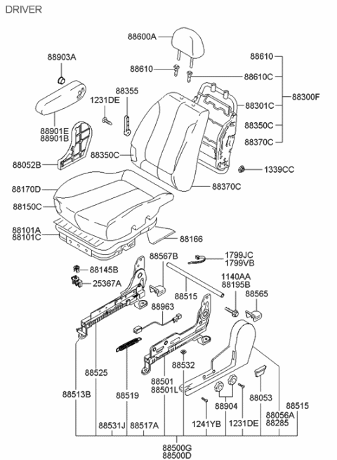 2002 Hyundai Accent Front Driver Side Seat Cushion Covering Diagram for 88160-25602-JDU