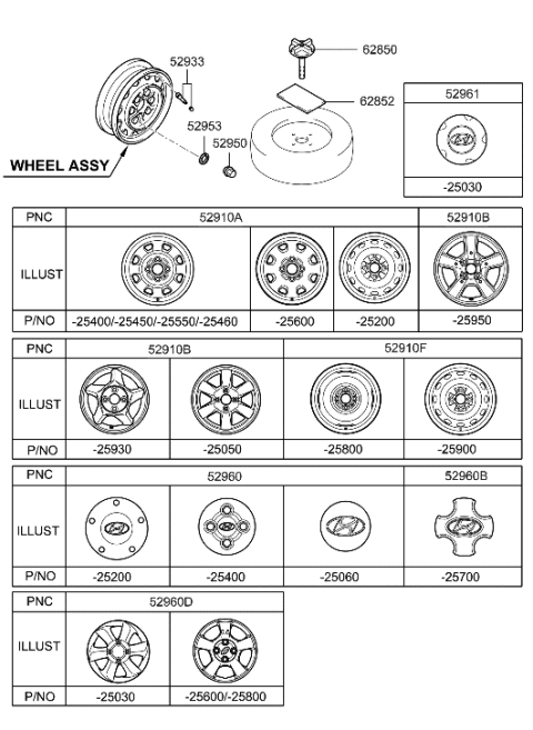 1999 Hyundai Accent Steel Wheel Assembly Diagram for 52910-25450