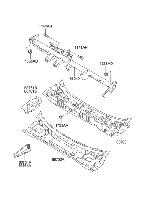 2002 Hyundai Accent Crossmember Assembly-Cowl Diagram for 66540-25050