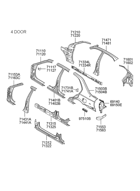 2003 Hyundai Accent Reinforcement Assembly-Center Pillar Outer RH Diagram for 71441-25300