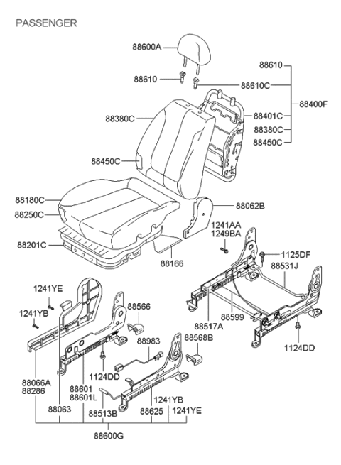 2000 Hyundai Accent Front Passenger Side Seat Back Covering Diagram for 88460-25721-FBT