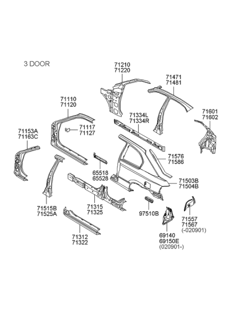 2002 Hyundai Accent Reinforcement Assembly-Side Sill Outer RH Diagram for 71321-25200