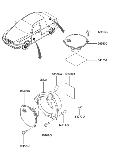 2001 Hyundai Accent Rear Speaker Assembly Diagram for 96360-25000