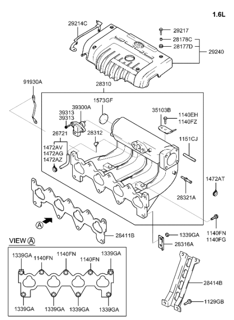 1999 Hyundai Accent Engine Cover Assembly Diagram for 29240-26601