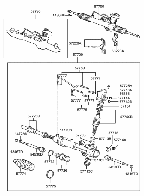 1999 Hyundai Accent Reman Gear Assembly Power Steering Diagram for 57710-25000-RM