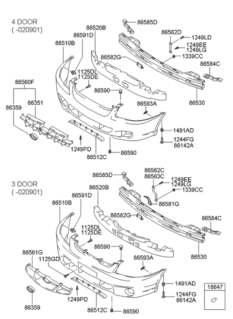 2000 Hyundai Accent Front Bumper Cover Assembly Diagram for 86510-25210
