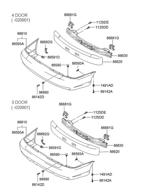 2003 Hyundai Accent Rear Bumper Cover Assembly Diagram for 86610-25200
