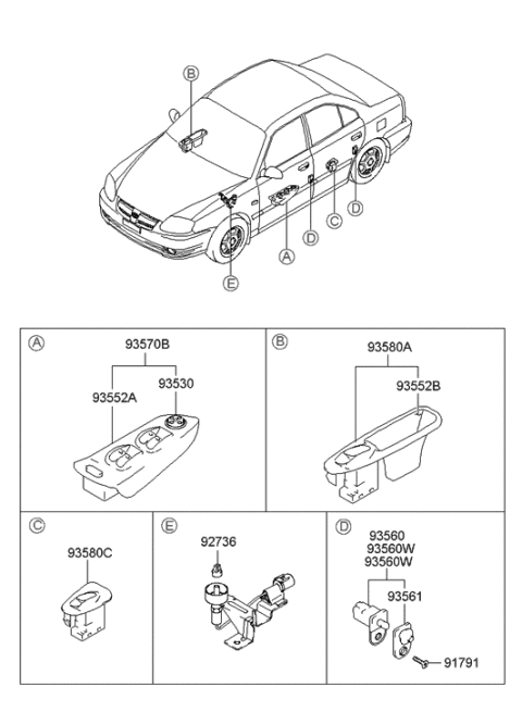 2000 Hyundai Accent Power Window Switch Assembly, Rear Diagram for 93580-25015-HA