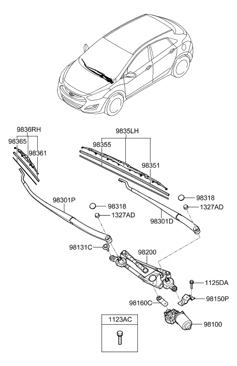 2013 Hyundai Elantra GT Passeger Wiper Blade Assembly Diagram for 98360-3X800