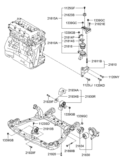 2005 Hyundai Sonata Engine Mounting Bracket Assembly Diagram for 21810-3K000