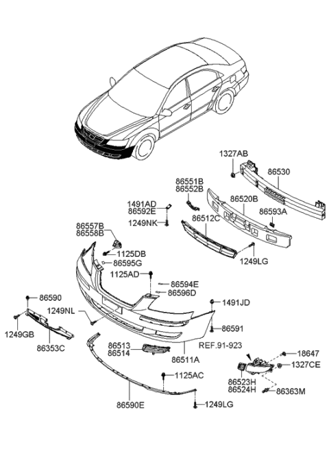 2005 Hyundai Sonata Rail Assembly-Front Bumper Diagram for 86530-3K050
