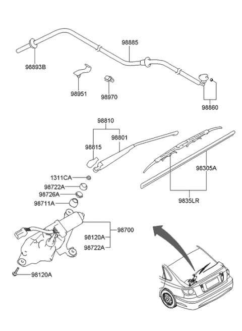 2000 Hyundai Elantra Rear Wiper Arm & Head Cap Assembly Diagram for 98825-2D000