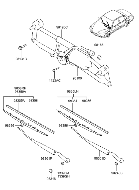 2004 Hyundai Elantra Passeger Wiper Blade Assembly Diagram for 98370-2D802