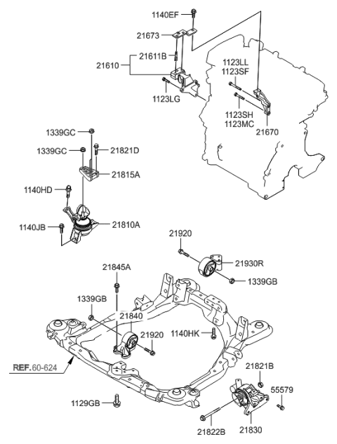 2002 Hyundai Elantra Engine Mounting Bracket Assembly Diagram for 21810-2D100