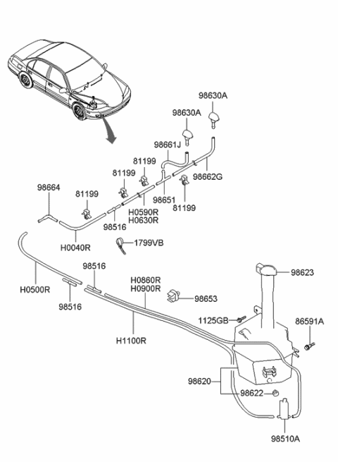 2006 Hyundai Elantra Front Windshield Washer Sprayer Nozzle Assembly Diagram for 98630-2D001