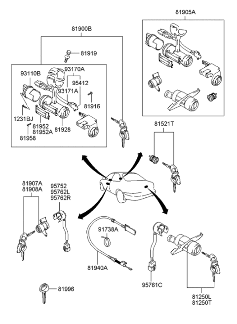 2002 Hyundai Elantra Key & Cylinder Set Diagram