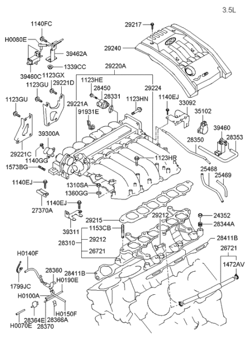 2005 Hyundai Santa Fe Hose Assembly-Vacuum Diagram for 28350-39200