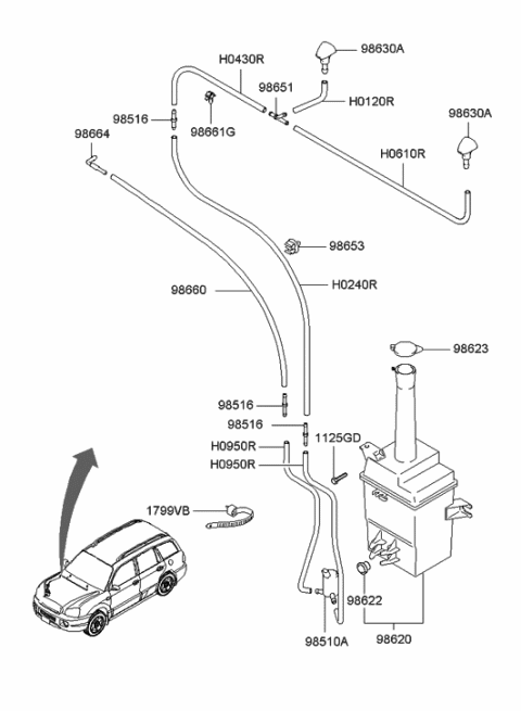 2006 Hyundai Santa Fe Front Windshield Washer Sprayer Nozzle Assembly Diagram for 98630-26600