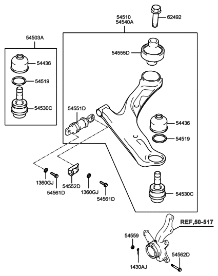 2004 Hyundai Santa Fe Front Suspension Lower & Upper Arm Diagram