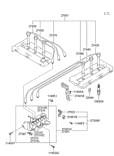 2000 Hyundai Santa Fe Cable Assembly-Spark Plug No.5 Diagram for 27460-39700