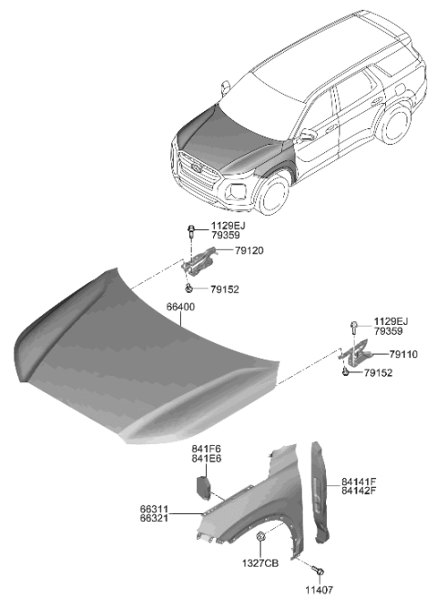 2020 Hyundai Palisade Fender & Hood Panel Diagram