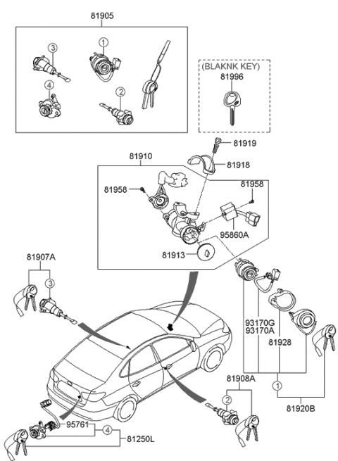 2006 Hyundai Elantra Lock Key & Cylinder Set Diagram for 81905-2H010