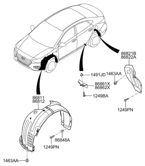 2022 Hyundai Accent Front Wheel Guard Assembly,Right Diagram for 86812-J0000