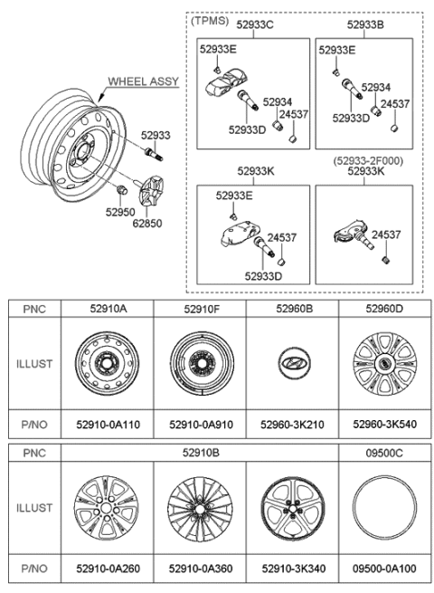 2008 Hyundai Sonata 17 Wheel 5X115-Bolt Diagram for 52910-0A360