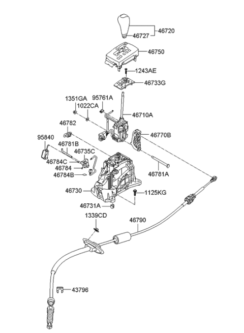 2007 Hyundai Sonata Automatic Transmission Lever Cable Assembly Diagram for 46790-3K200