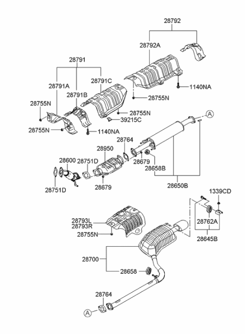 2009 Hyundai Sonata Center Exhaust Pipe Diagram for 28650-3K570