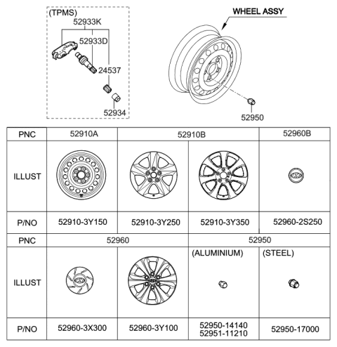 2012 Hyundai Elantra Aluminium Wheel Assembly Diagram for 52910-3Y350