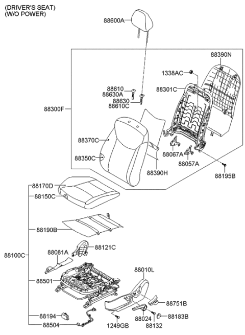 2013 Hyundai Elantra Front Driver Side Seat Cushion Covering Diagram for 88160-3Y100-PDJ