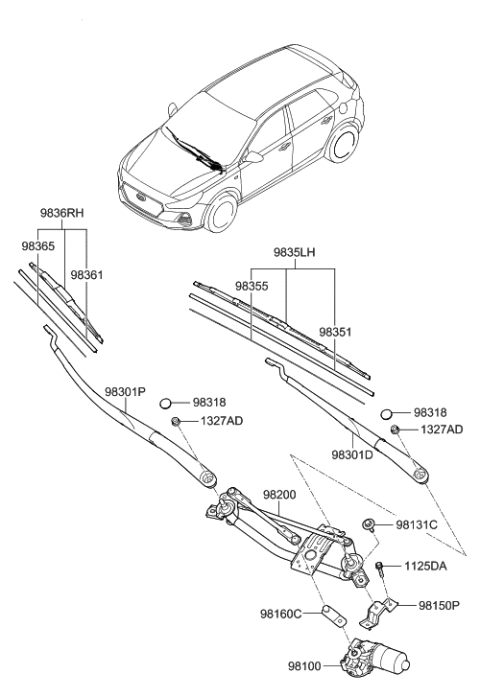 2018 Hyundai Elantra GT Passeger Wiper Blade Assembly Diagram for 98360-F2500