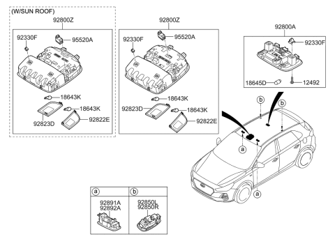 2019 Hyundai Elantra GT Overhead Console Lamp Assembly Diagram for 92800-G3010-XUG
