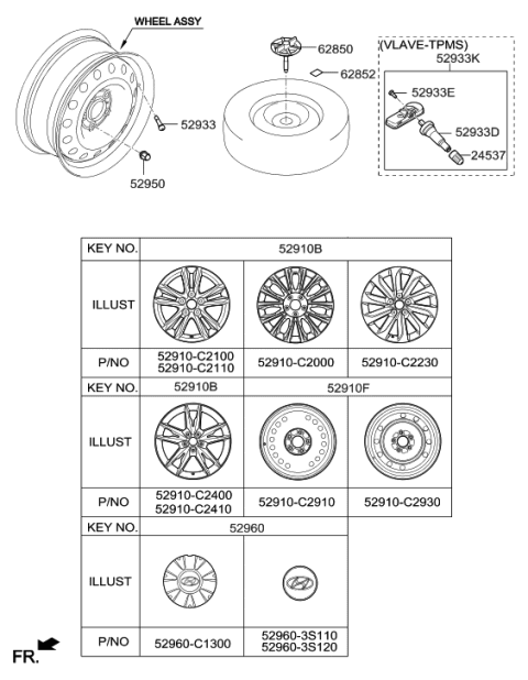 2016 Hyundai Sonata Aluminium Wheel Assembly Diagram for 52910-C2130