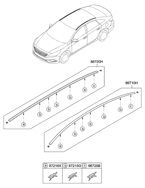 2015 Hyundai Sonata Clip-Roof Moulding Mounting Diagram for 87216-C1020