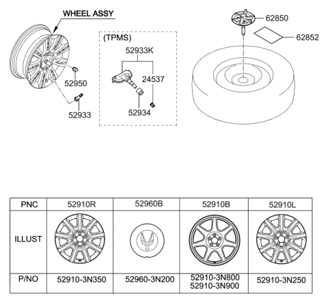 2012 Hyundai Equus Front Aluminium Wheel Assembly Diagram for 52910-3N250